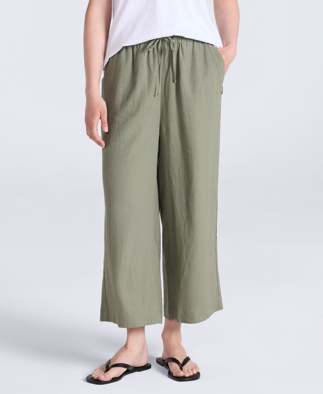 Womens Linen Blend Crop Trousers - Khaki