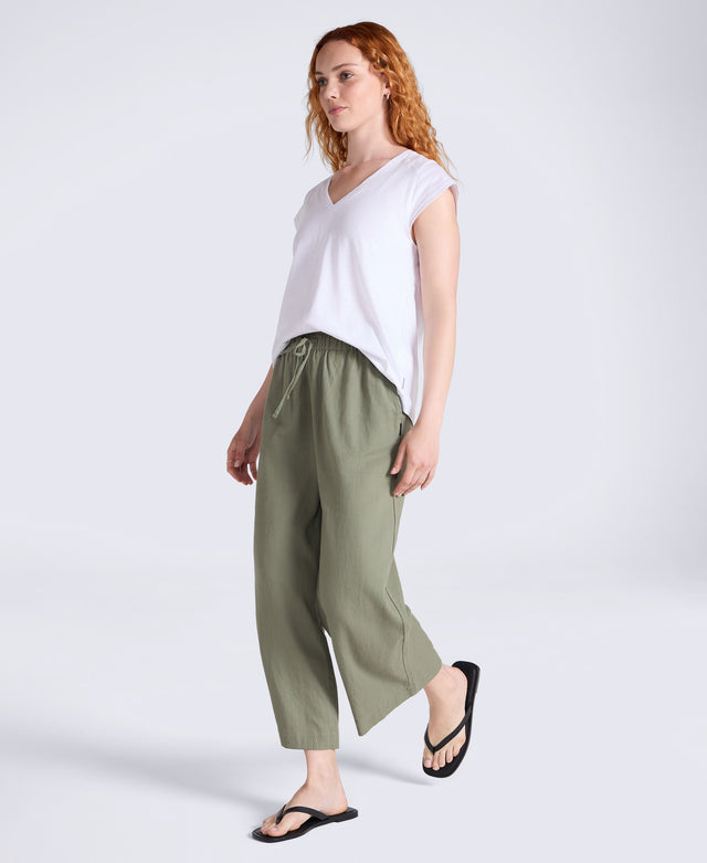 Womens Linen Blend Crop Trousers - Khaki
