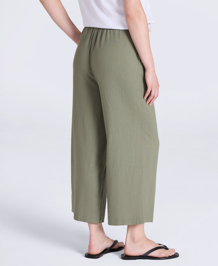 Womens Linen Blend Crop Trousers - Khaki