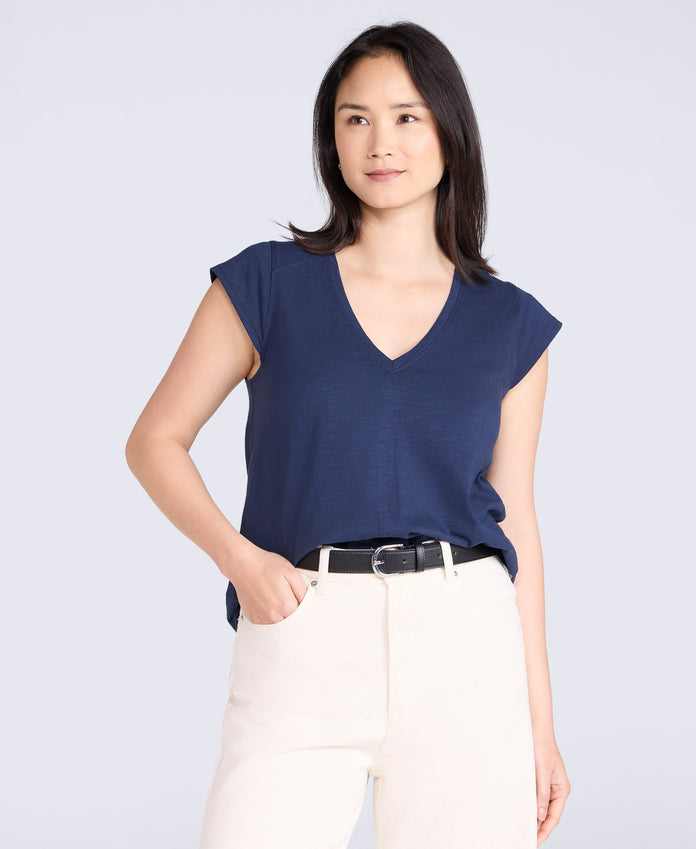 Emilia Womens Cotton V Neck T-Shirt - Navy