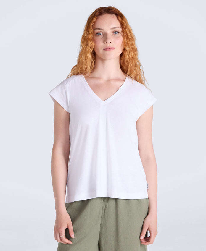Emilia Womens Cotton V Neck T-Shirt - White