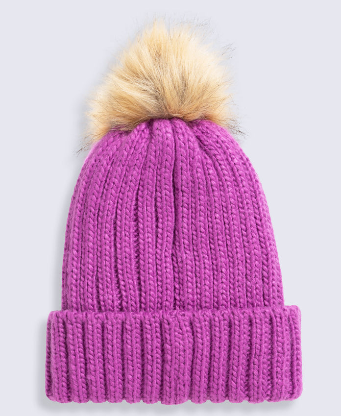 Geneva Womens Sherpa Lined Pom Beanie - Dark Pink
