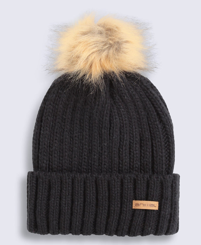 Geneva Womens Sherpa Lined Pom Beanie - Jet Black