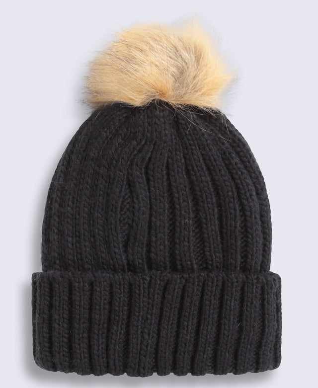 Geneva Womens Sherpa Lined Pom Beanie - Jet Black
