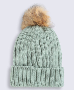 Geneva Womens Sherpa Lined Pom Beanie - Pale Green