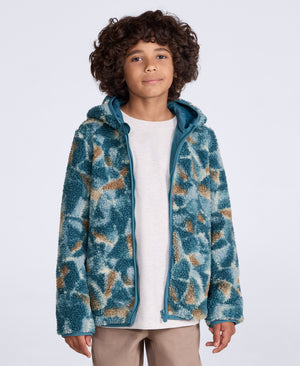 Matteo Kids Printed Borg Hooded Fleece - Dark Green