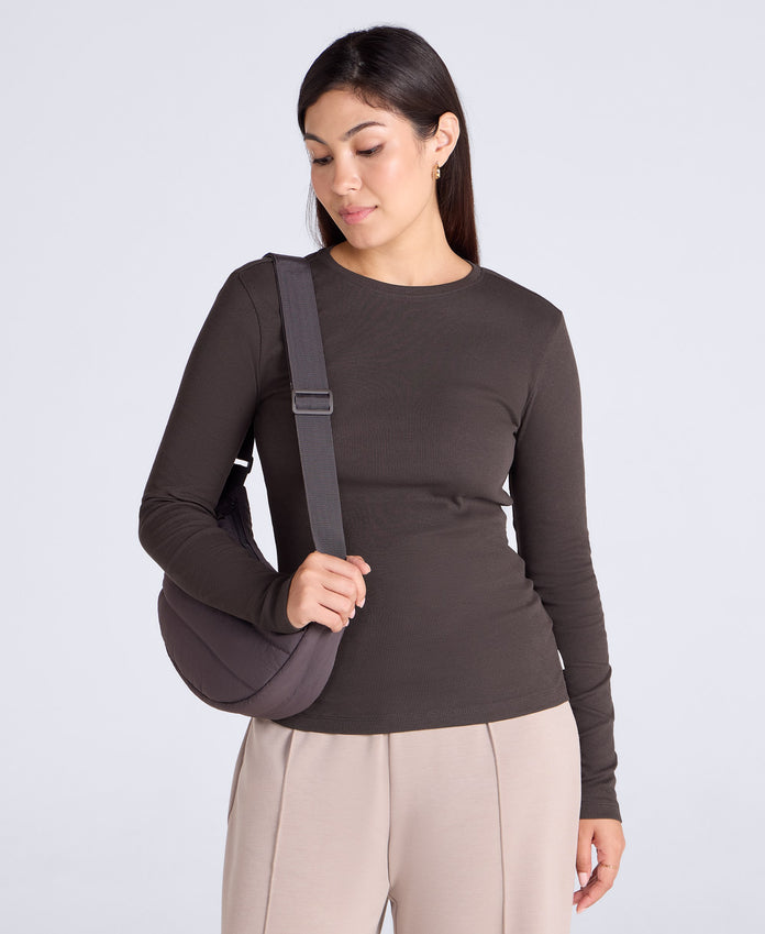 Evo Rib Womens Crew Long Sleeve Top - Dark Brown