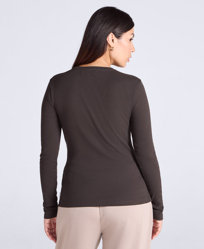 Evo Rib Womens Crew Long Sleeve Top - Dark Brown