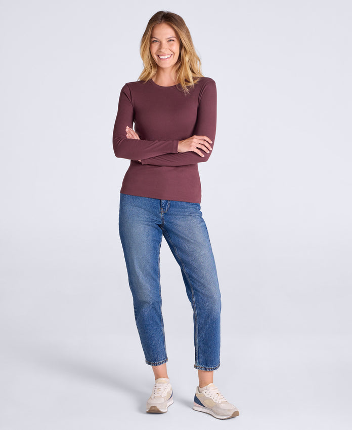 Evo Rib Womens Crew Long Sleeve Top - Dark Burgundy