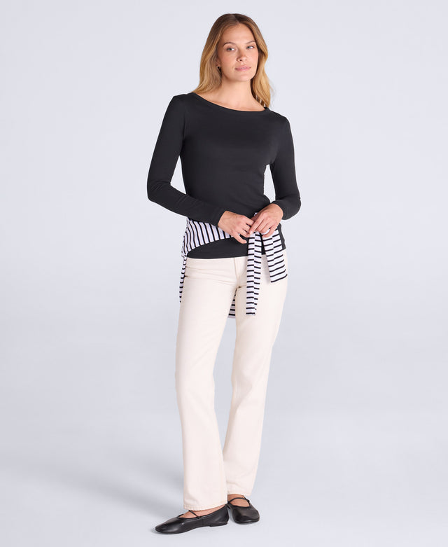 Leah Womens Boat Neck Long Sleeve Top - Black