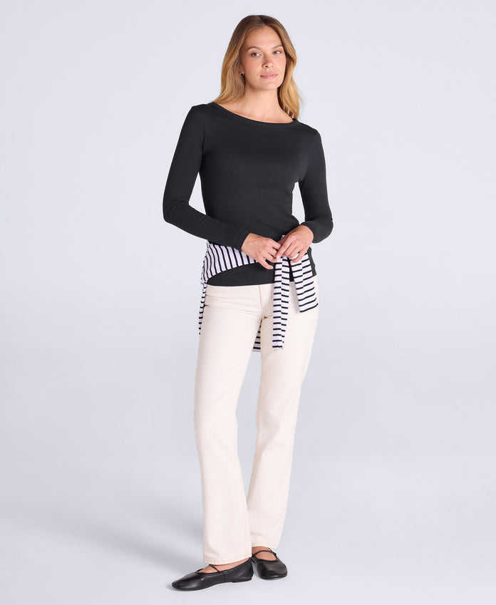 Leah Womens Boat Neck Long Sleeve Top - Black