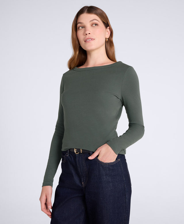 Leah Womens Boat Neck Long Sleeve Top - Khaki