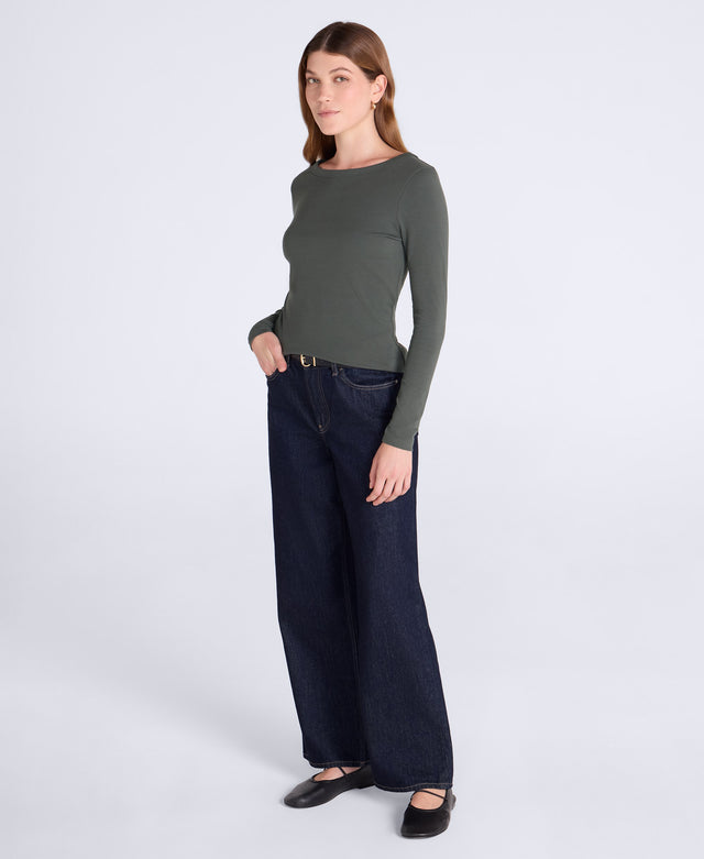 Leah Womens Boat Neck Long Sleeve Top - Khaki
