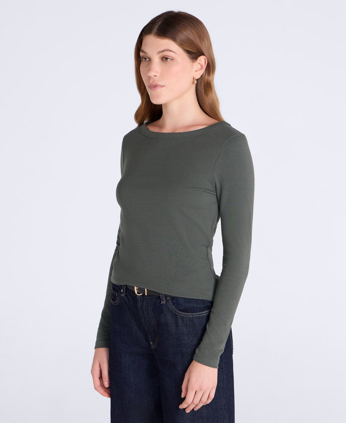 Leah Womens Boat Neck Long Sleeve Top - Khaki