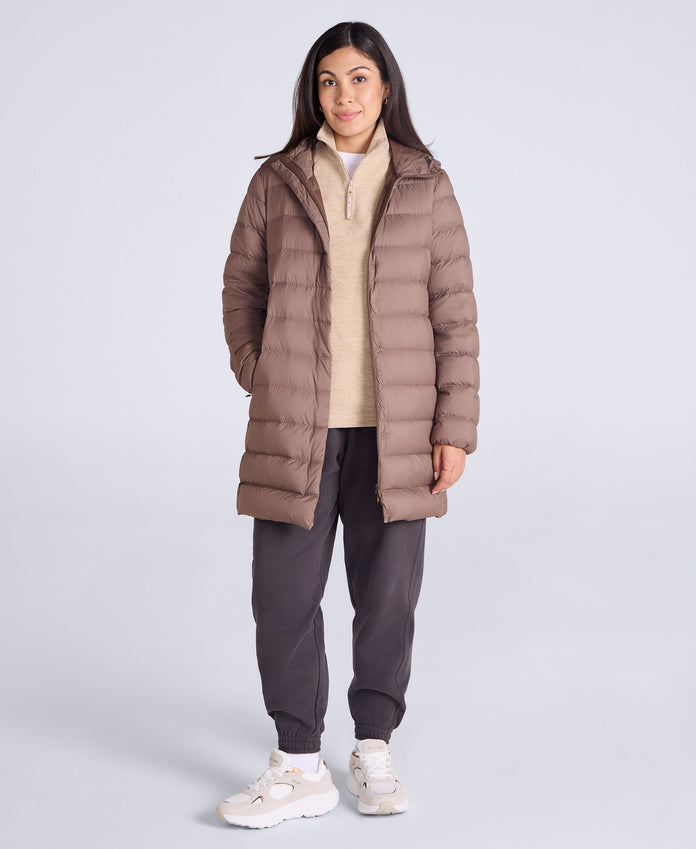 Womens Lightweight Down Long Packable Jacket - Brown