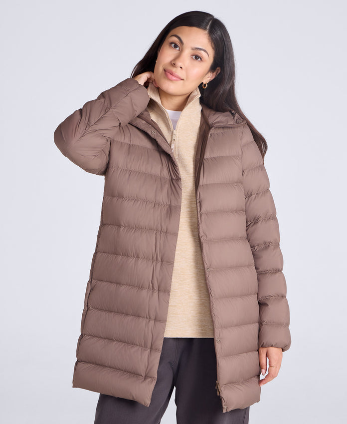 Womens Lightweight Down Long Packable Jacket - Brown