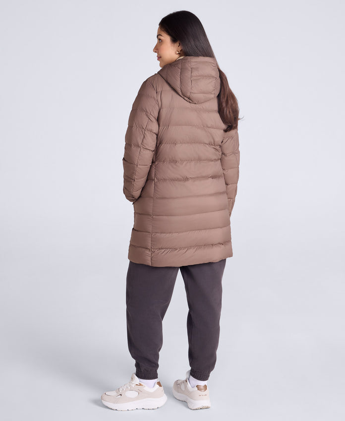 Womens Lightweight Down Long Packable Jacket - Brown