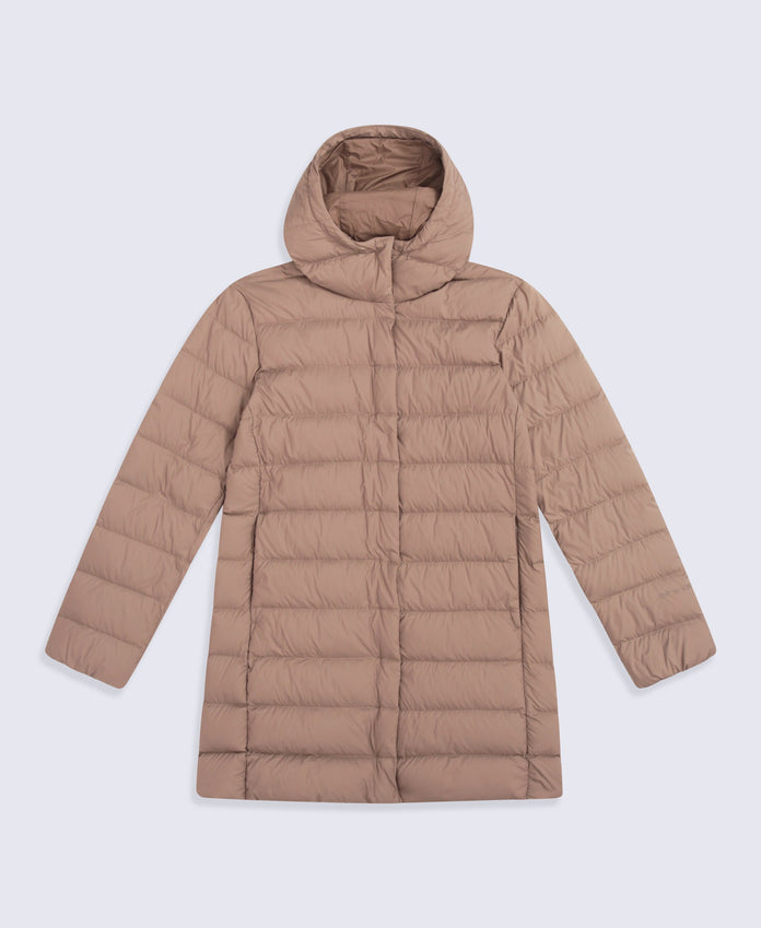 Womens Lightweight Down Long Packable Jacket - Brown