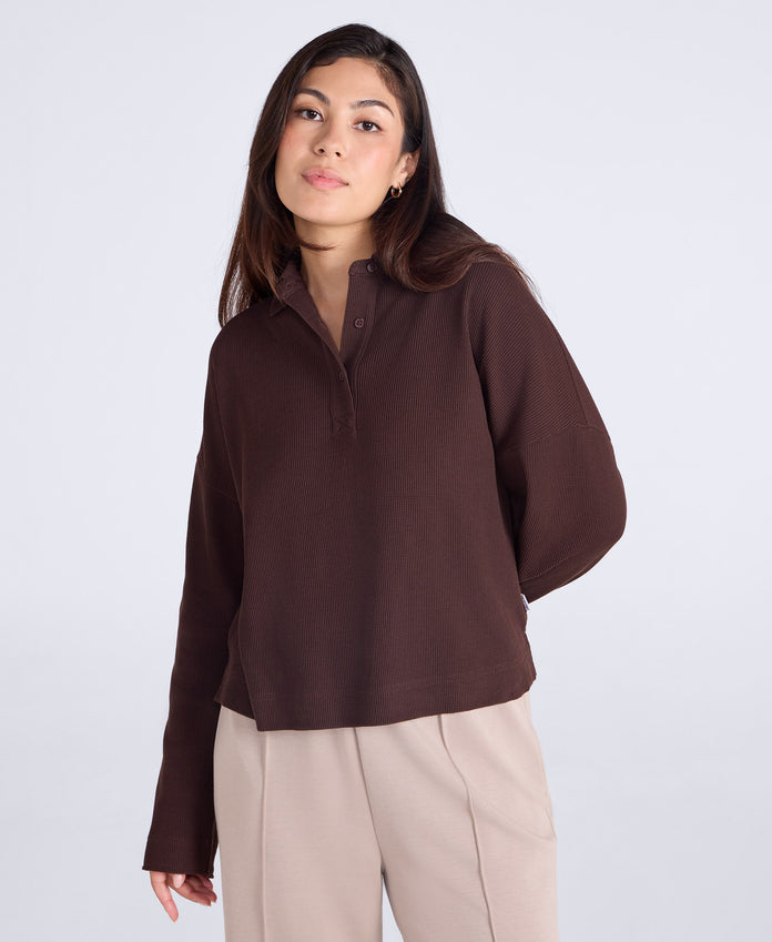 Hayleigh Waffle Long Sleeve Top - Brown