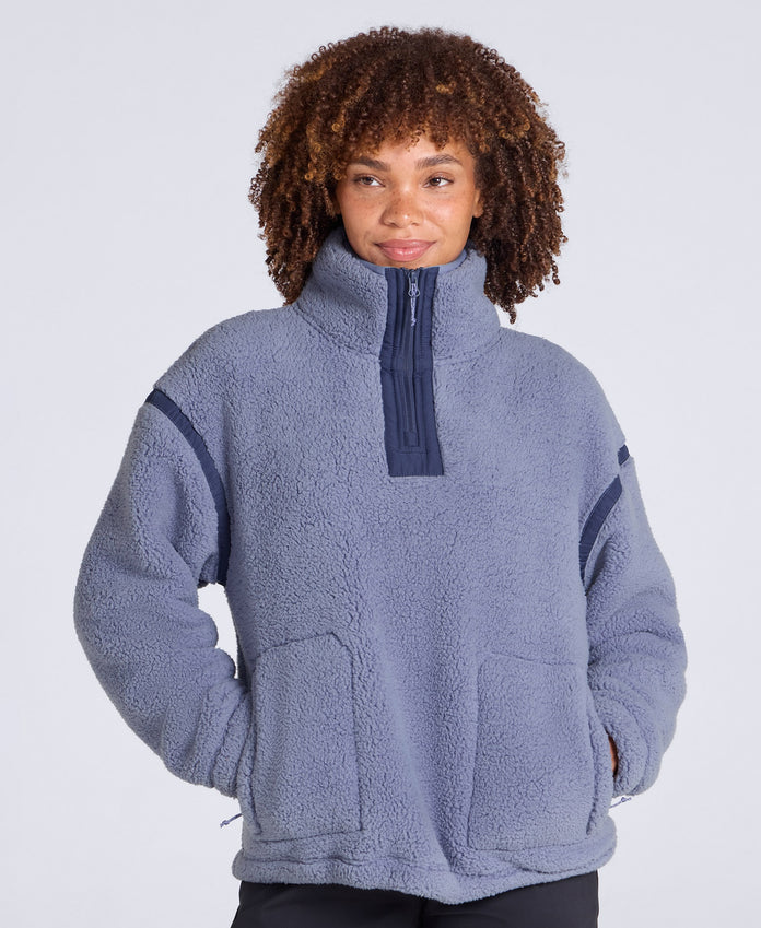 Emberly Womens Contrast Binding Teddy Fleece - Light Grey