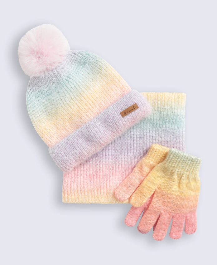 Animal Kids Rainbow Lined Hat Snood Glove Set - Pink
