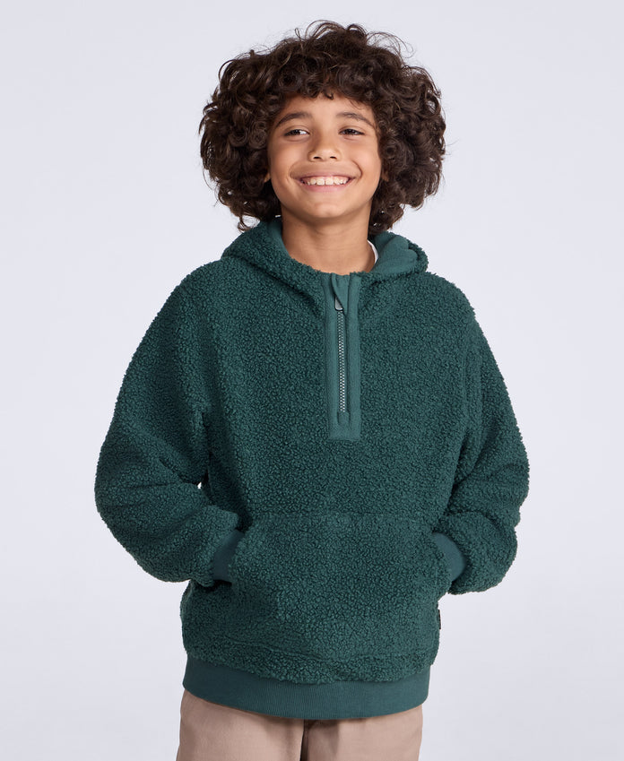 Etta Kids Half Zip Borg Hoodie - Dark Green