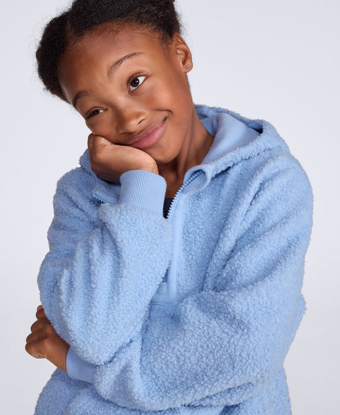 Etta Kids Half Zip Borg Hoodie - Pale Blue