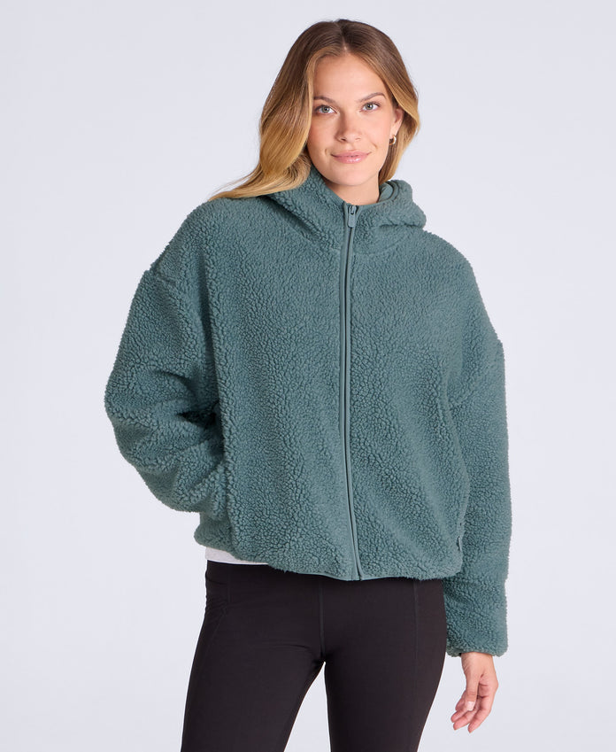 Cley Womens Hooded Borg Jacket - Dark Green
