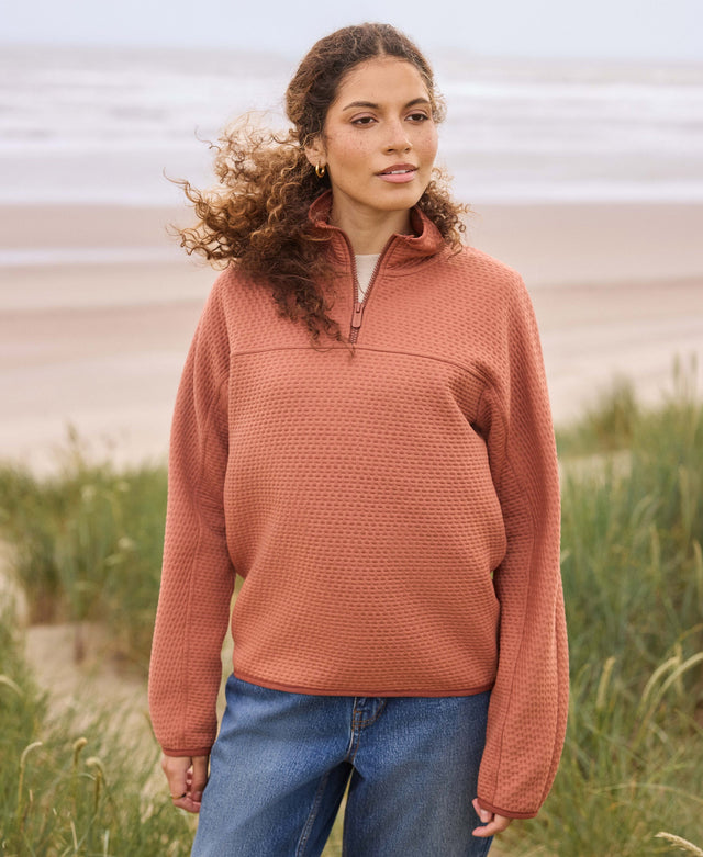 Dani Dimple Womens Half Zip Texture Fleece - Rust